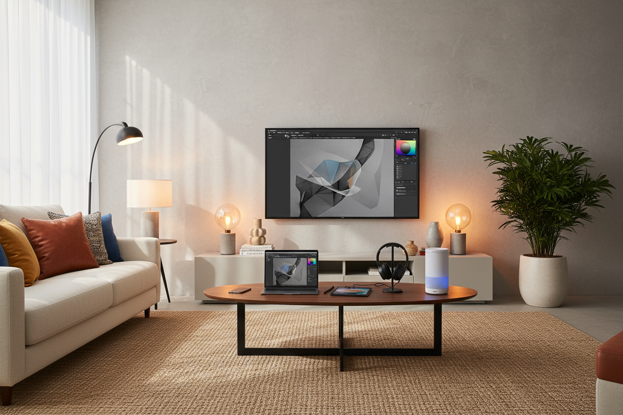 tech products houusehold produts  in living room  include my real brand logo